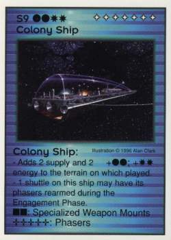 Need: 3    Want: 10    Have: 0    Will Trade: 0    In Storage: 0              S9 ‑ Colony Ship  Set: GI  Rarity: V1    Artist: Alan Clark    