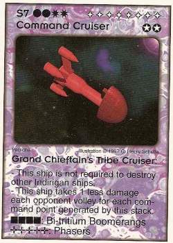 Need: 4    Want: 9    Have: 0    Will Trade: 0    In Storage: 0              S7 ‑ Command Cruiser ‑ Grand Chieftains Tribe Cruiser (Grand Chieftain)  Set: Pro7  Rarity: Pro7    Artist: C. Henry Schulte    