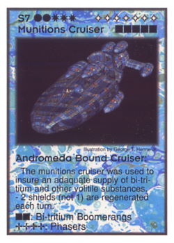 Need: 0    Want: 9    Have: 4    Will Trade: 0    In Storage: 0              S7 ‑ Munitions Cruiser ‑ Andromeda Bound Cruiser  Set: GI  Rarity: U1    Artist: George T. Henne Jr.    