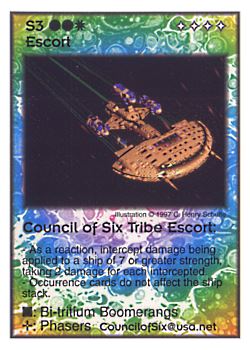 Need: 0    Want: 11    Have: 2    Will Trade: 0    In Storage: 0              S3 ‑ Escort ‑ Council of Six Tribe Escort  Set: Pro6  Rarity: Pro6    Artist: C. Henry Schulte    
