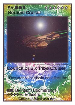 Need: 0    Want: 11    Have: 2    Will Trade: 0    In Storage: 0              S6 ‑ Medium Cruiser ‑ Council of Six Tribe Cruiser  Set: Pro6  Rarity: Pro6    Artist: C. Henry Schulte    