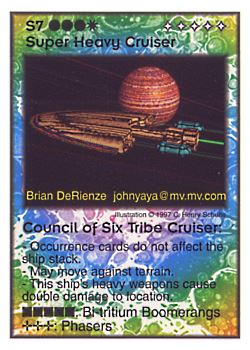 Need: 0    Want: 10    Have: 3    Will Trade: 0    In Storage: 0              S7 ‑ Super Heavy Cruiser ‑ Council of Six Tribe Cruiser  Set: Pro6  Rarity: Pro6    Artist: C. Henry Schulte    