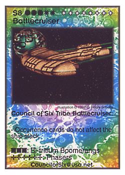 Need: 0    Want: 11    Have: 2    Will Trade: 0    In Storage: 0              S8 ‑ Battlecruiser ‑ Council of Six Tribe Battlecruiser  Set: Pro6  Rarity: Pro6    Artist: C. Henry Schulte    