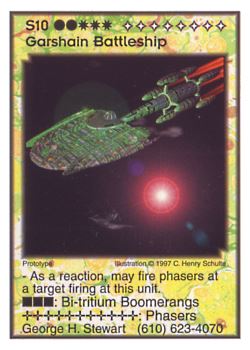 Need: 0    Want: 11    Have: 2    Will Trade: 0    In Storage: 0              S10 ‑ Garshain Battleship  Set: Pro6  Rarity: Pro6    Artist: C. Henry Schulte    