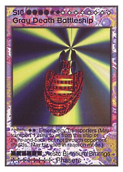 Need: 0    Want: 11    Have: 2    Will Trade: 0    In Storage: 0              S10 ‑ Gray Death Battleship  Set: Pro6  Rarity: Pro6    Artist: C. Henry Schulte    