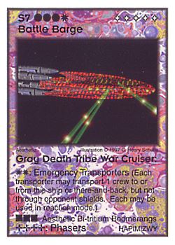 Need: 0    Want: 11    Have: 2    Will Trade: 0    In Storage: 0              S7 ‑ Battle Barge ‑ Gray Death Tribe War Cruiser  Set: Pro6  Rarity: Pro6    Artist: C. Henry Schulte    