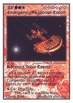 Need: 0    Want: 10    Have: 3    Will Trade: 0    In Storage: 0              S3 ‑ Emergency Response Escort ‑ Infected Tribe Escort  Set: Pro6  Rarity: Pro6    Artist: C. Henry Schulte    