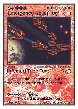 Need: 0    Want: 9    Have: 4    Will Trade: 0    In Storage: 0              S4 ‑ Emergency Relief Tug ‑ Infected Tribe Tug  Set: Pro6  Rarity: Pro6    Artist: C. Henry Schulte    