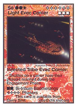 Need: 0    Want: 10    Have: 3    Will Trade: 0    In Storage: 0              S6 ‑ Light Evac Carrier ‑ Infected Tribe Evac Carrier  Set: Pro6  Rarity: Pro6    Artist: C. Henry Schulte    