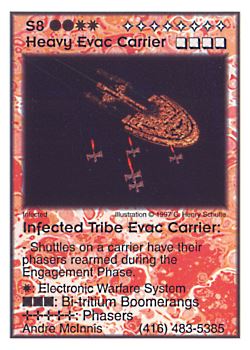 Need: 0    Want: 3    Have: 10    Will Trade: 0    In Storage: 7              S8 ‑ Heavy Evac Carrier ‑ Infected Tribe Evac Carrier  Set: Pro6  Rarity: Pro6    Artist: C. Henry Schulte    