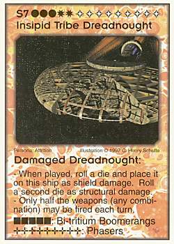 Need: 1    Want: 12    Have: 0    Will Trade: 0    In Storage: 0              S7 ‑ Insipid Tribe Dreadnought ‑ Damaged Dreadnought  Set: Pro7  Rarity: Pro7    Artist: C. Henry Schulte    