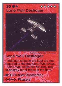 Need: 0    Want: 3    Have: 10    Will Trade: 0    In Storage: 1              S5 ‑ Lone Wolf Destroyer  Set: Per  Rarity: U1    Artist: George T. Henne Jr.    