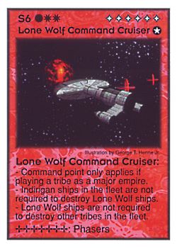 Need: 0    Want: 5    Have: 8    Will Trade: 0    In Storage: 1              S6 ‑ Lone Wolf Command Cruiser  Set: Per  Rarity: U1    Artist: George T. Henne Jr.    