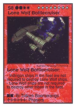 Need: 1    Want: 10    Have: 2    Will Trade: 0    In Storage: 1              S8 ‑ Lone Wolf Battlecruiser  Set: Per  Rarity: V1    Artist: George T. Henne Jr.    
