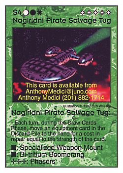 Need: 0    Want: 11    Have: 2    Will Trade: 0    In Storage: 0              S4 ‑ Nagiridni Pirate Salvage Tug  Set: Pro6  Rarity: Pro6    Artist: Bob Wesson    
