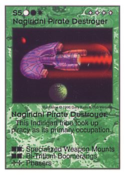 Need: 0    Want: 0    Have: 38 (+10)    Will Trade: 34    In Storage: 35              S5 ‑ Nagiridni Pirate Destroyer  Set: Pir  Rarity: U1    Artist: Gary A. Kalin & Bob Wesson    