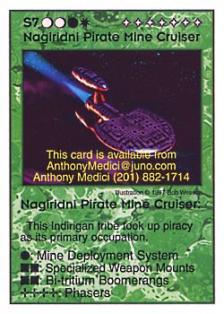 Need: 0    Want: 9    Have: 4    Will Trade: 0    In Storage: 0              S7 ‑ Nagiridni Pirate Mine Cruiser  Set: Pro6  Rarity: Pro6    Artist: George T. Henne Jr.    