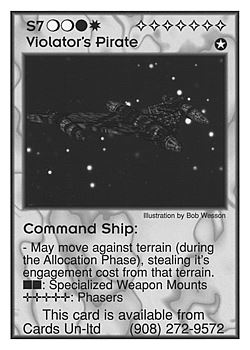 Need: 0    Want: 10    Have: 3    Will Trade: 0    In Storage: 0              S7 ‑ Violator's Pirate ‑ Command Ship  Set: Pro5  Rarity: Pro5    Artist: Bob Wesson    