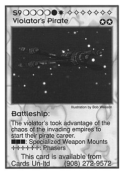 Need: 0    Want: 11    Have: 2    Will Trade: 0    In Storage: 0              S9 ‑ Violator's Pirate ‑ Battleship  Set: Pro5  Rarity: Pro5    Artist: Bob Wesson    