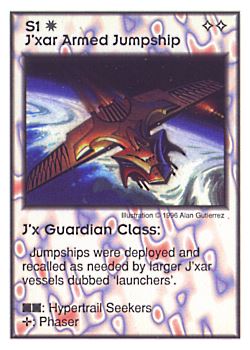 Need: 0    Want: 3    Have: 10    Will Trade: 0    In Storage: 0              S1 ‑ J'xar Armed Jumpship ‑ J'x Guardian Class  Set: GI  Rarity: R2    Artist: Alan Gutierrez    