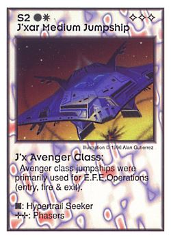 Need: 0    Want: 3    Have: 10    Will Trade: 0    In Storage: 0              S2 ‑ J'xar Medium Jumpship ‑ J'x Avenger Class  Set: GI  Rarity: R2    Artist: Alan Gutierrez    