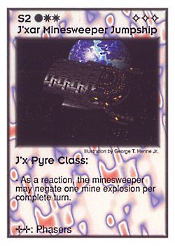 Need: 4    Want: 4    Have: 5    Will Trade: 0    In Storage: 0              S2 ‑ J'xar Minesweeper Jumpship ‑ J'x Pyre Class  Set: GI  Rarity: U1    Artist: George T. Henne Jr.    