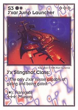 Need: 0    Want: 0    Have: 20    Will Trade: 12    In Storage: 0              S3 ‑ J'xar Jump Launcher ‑ J'x Slingshot Class  Set: GI  Rarity: C2    Artist: Alan Gutierrez    