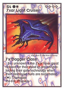 Need: 0    Want: 0    Have: 21    Will Trade: 13    In Storage: 0              S4 ‑ J'xar Light Cruiser ‑ J'x Dagger Class  Set: GI  Rarity: C2    Artist: Alan Gutierrez    