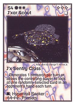Need: 6    Want: 4    Have: 3    Will Trade: 0    In Storage: 0              S4 ‑ J'xar Scout ‑ J'x Sentry Class  Set: GI  Rarity: U1    Artist: George T. Henne Jr.    