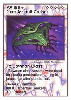 Need: 0    Want: 3    Have: 10    Will Trade: 0    In Storage: 0              S5 ‑ J'xar Assault Cruiser ‑ J'x Bowman Class  Set: GI  Rarity: R2    Artist: Alan Gutierrez    