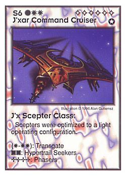 Need: 1    Want: 6    Have: 6    Will Trade: 0    In Storage: 0              S6 ‑ J'xar Command Cruiser ‑ J'x Scepter Class  Set: GI  Rarity: V2    Artist: Alan Gutierrez    
