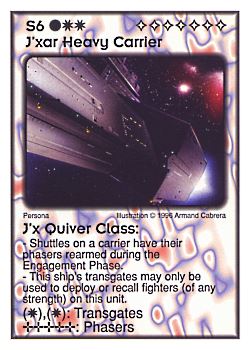 Need: 4    Want: 6    Have: 3    Will Trade: 0    In Storage: 0              S6 ‑ J'xar Heavy Carrier ‑ J'x Quiver Class  Set: Per  Rarity: V1    Artist: Armand Cabrera    