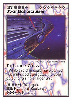 Need: 0    Want: 6    Have: 7    Will Trade: 0    In Storage: 0              S7 ‑ J'xar Battlecruiser ‑ J'x Lance Class  Set: GI  Rarity: V2    Artist: Alan Gutierrez    