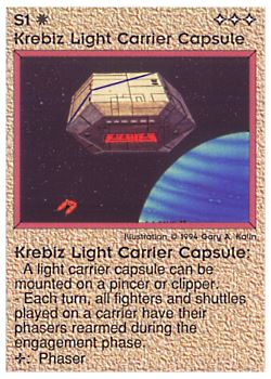 Need: 0    Want: 0    Have: 32    Will Trade: 24    In Storage: 25              S1 ‑ Krebiz Light Carrier Capsule  Set: PE  Rarity: U1    Artist: Gary A. Kalin    