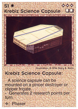 Need: 0    Want: 0    Have: 2 (+31)    Will Trade: 0    In Storage: 1              S1 ‑ Krebiz Science Capsule (2nd Print)  Set: PE  Rarity: U2    Artist: Gary A. Kalin    