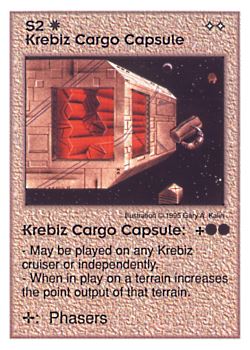 Need: 0    Want: 0    Have: 15    Will Trade: 7    In Storage: 5              S2 ‑ Krebiz Cargo Capsule  Set: AT  Rarity: U1    Artist: Gary A. Kalin    