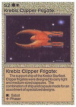Need: 0    Want: 0    Have: 34 (+4)    Will Trade: 30    In Storage: 27              S2 ‑ Krebiz Clipper Frigate (Left)  Set: BE  Rarity: C1    Artist: Gary A. Kalin    