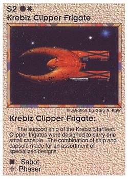 Need: 0    Want: 0    Have: 22 (+44)    Will Trade: 18    In Storage: 15              S2 ‑ Krebiz Clipper Frigate (Left)  Set: PE  Rarity: C1    Artist: Gary A. Kalin    