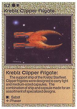 Need: 0    Want: 0    Have: 41 (+25)    Will Trade: 37    In Storage: 34              S2 ‑ Krebiz Clipper Frigate (Right)  Set: BE  Rarity: C1    Artist: Gary A. Kalin    