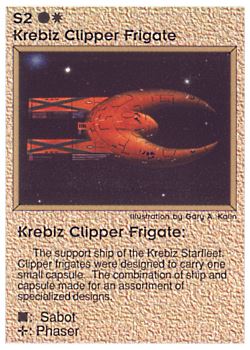Need: 0    Want: 0    Have: 25    Will Trade: 17    In Storage: 18              S2 ‑ Krebiz Clipper Frigate (Right)  Set: PE  Rarity: U1    Artist: Gary A. Kalin    