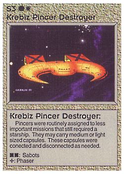 Need: 0    Want: 0    Have: 33 (+3)    Will Trade: 28    In Storage: 26              S3 ‑ Krebiz Pincer Destroyer  Set: BE  Rarity: C1    Artist: Gary A. Kalin    