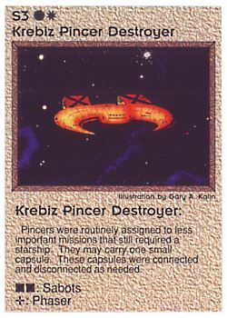 Need: 0    Want: 0    Have: 32    Will Trade: 24    In Storage: 19              S3 ‑ Krebiz Pincer Destroyer  Set: PE  Rarity: C1    Artist: Gary A. Kalin    