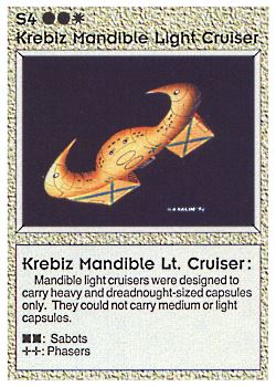 Need: 0    Want: 0    Have: 2 (+54)    Will Trade: 0    In Storage: 1              S4 ‑ Krebiz Mandible Light Cruiser ‑ Krebiz Mandible Lt. Cruiser  Set: AL  Rarity: U2    Artist: Gary A. Kalin    