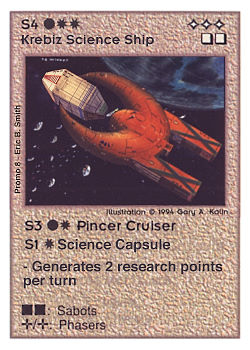 Need: 0    Want: 0    Have: -1    Will Trade: 0    In Storage: 0              S4 ‑ Krebiz Science Ship (Pincer Destroyer / Science Capsule)  Set: Pro8  Rarity: Pro8    Artist: Gary A. Kalin    