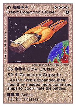 Need: 0    Want: 0    Have: -1    Will Trade: 0    In Storage: 0              S7 ‑ Krebiz Command Cruiser (Claw Heavy Cruiser / Command Capsule)  Set: Pro8  Rarity: Pro8    Artist: Gary A. Kalin    