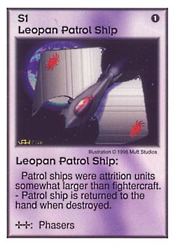 Need: 0    Want: 0    Have: 33    Will Trade: 25    In Storage: 24              S1 ‑ Leopan Patrol Ship  Set: Pir  Rarity: U1    Artist: Mutt Studios    
