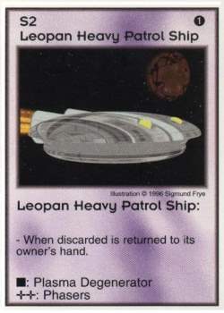 Need: 5    Want: 8    Have: 0    Will Trade: 0    In Storage: 0              S2 ‑ Leopan Heavy Patrol Ship  Set: AF  Rarity: V2    Artist: Sigmund Frye    