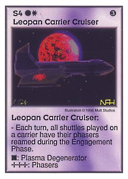 Need: 0    Want: 0    Have: 32    Will Trade: 24    In Storage: 23              S4 ‑ Leopan Carrier Cruiser  Set: Pir  Rarity: U1    Artist: Mutt Studios    
