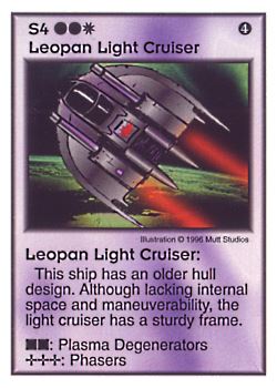 Need: 0    Want: 0    Have: 29    Will Trade: 21    In Storage: 20              S4 ‑ Leopan Light Cruiser  Set: Pir  Rarity: U1    Artist: Mutt Studios    