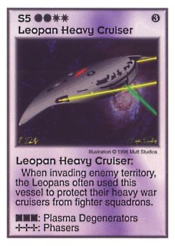 Need: 0    Want: 0    Have: 35    Will Trade: 27    In Storage: 26              S5 ‑ Leopan Heavy Cruiser  Set: Pir  Rarity: U1    Artist: Mutt Studios    